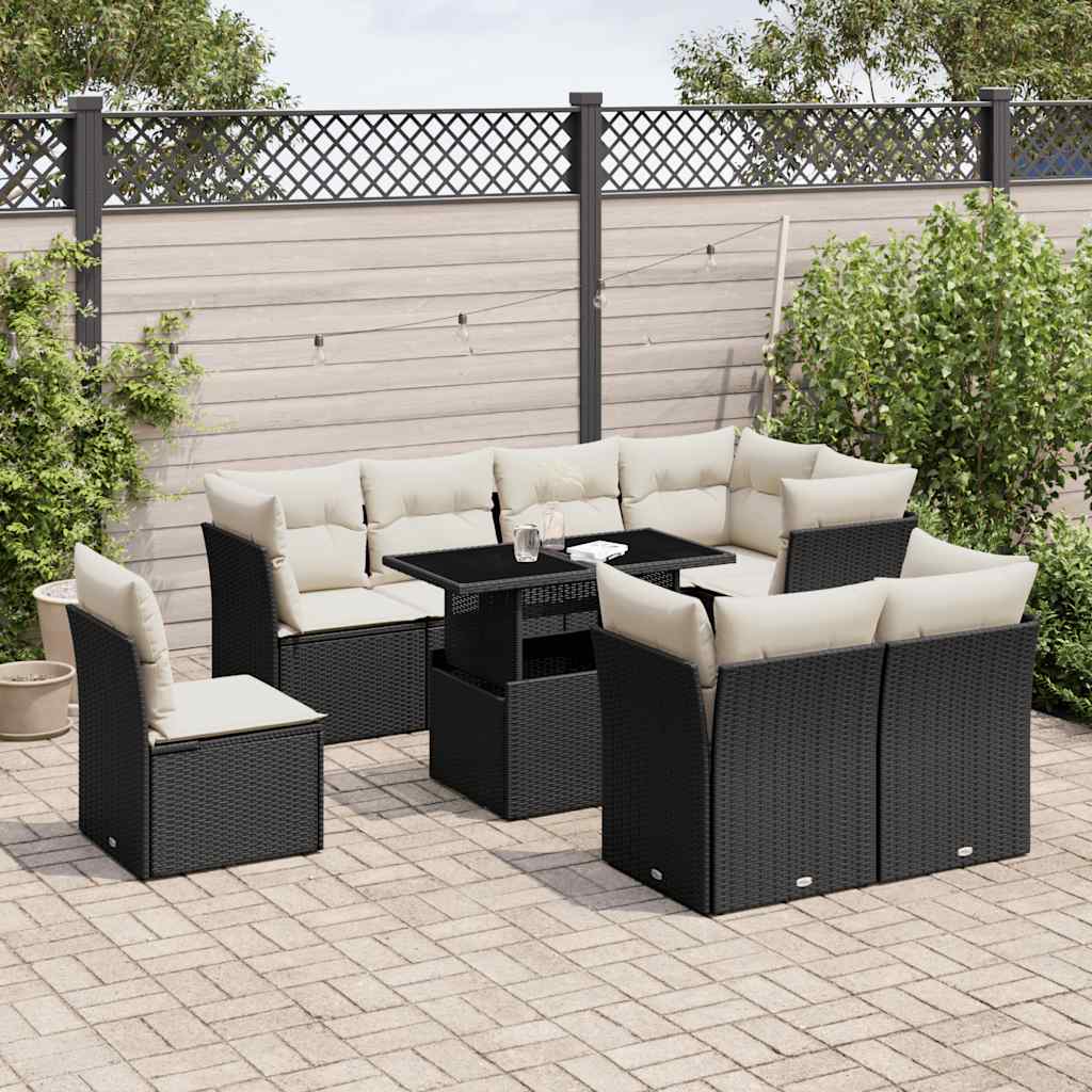 JUNG Vida 9-tlg. Garten-Sofagarnitur mit Kissen Schwarz Poly Rattan