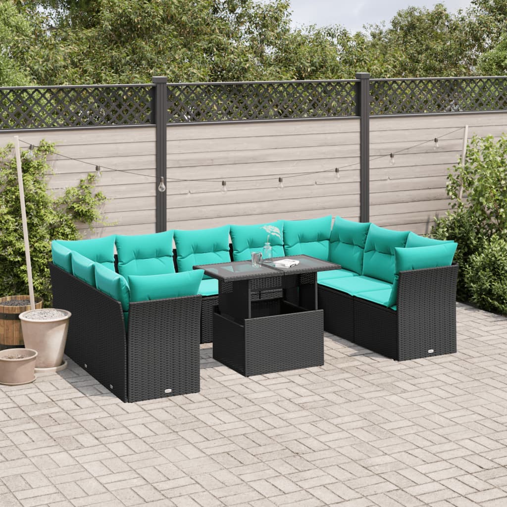 JUNG Vida 10-teiliges Gartensofa-Set mit Kissen, schwarzes Polyrattan