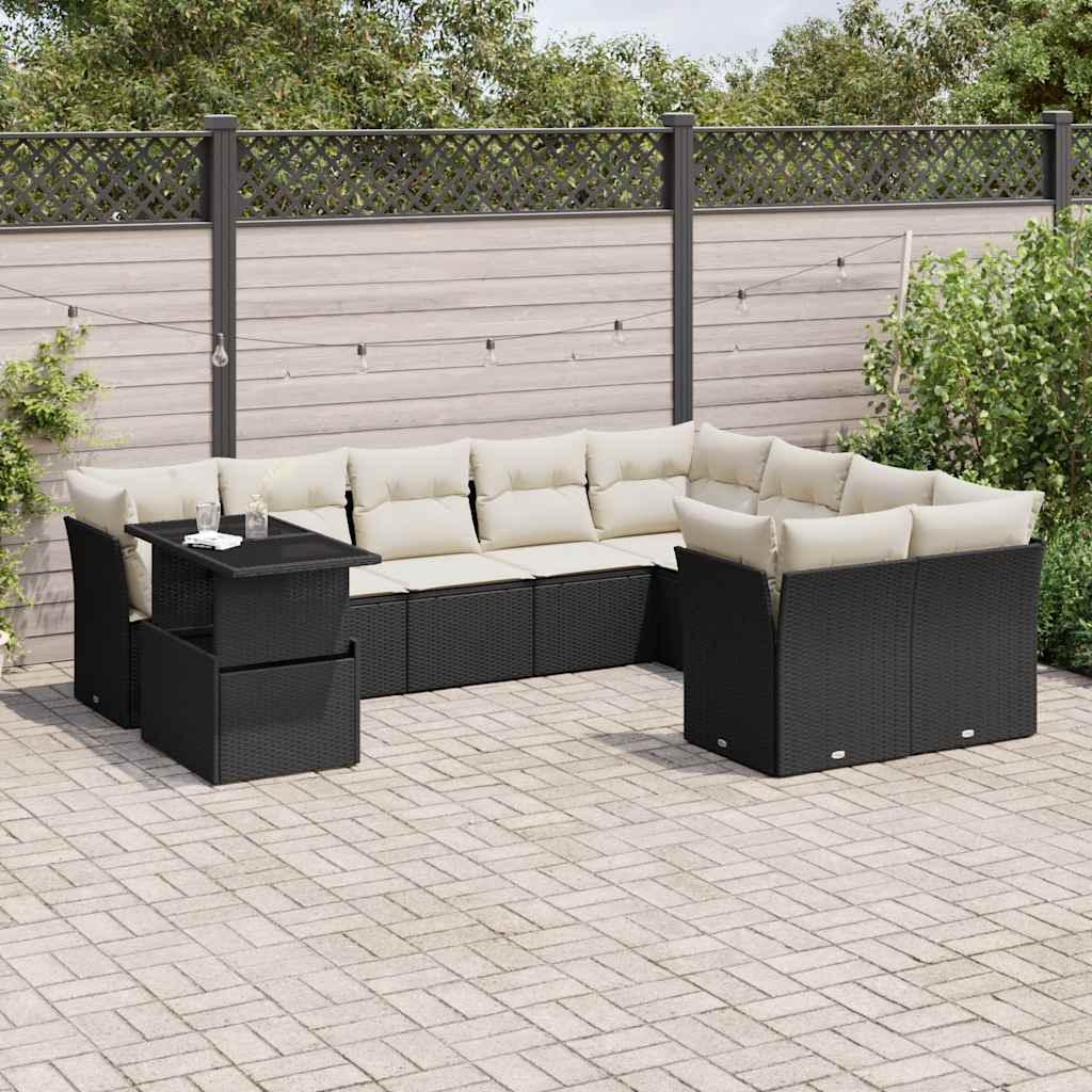 JUNG Vida 10-tlg. Garten-Sofagarnitur mit Kissen Schwarz Poly Rattan
