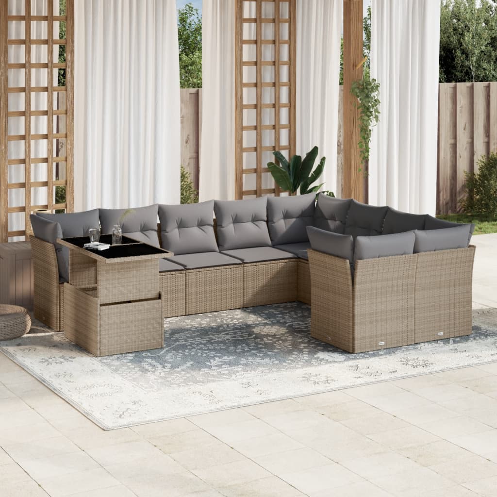 JUNG Vida 10-tlg. Garten-Sofagarnitur mit Kissen Beige Poly Rattan