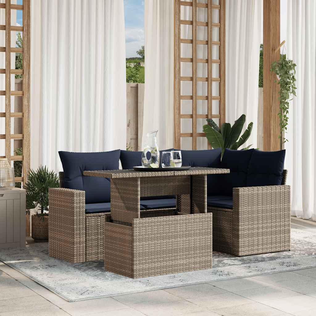 JUNG Vida 5-teiliges Gartensofa-Set mit Kissen, grau, Polyrattan