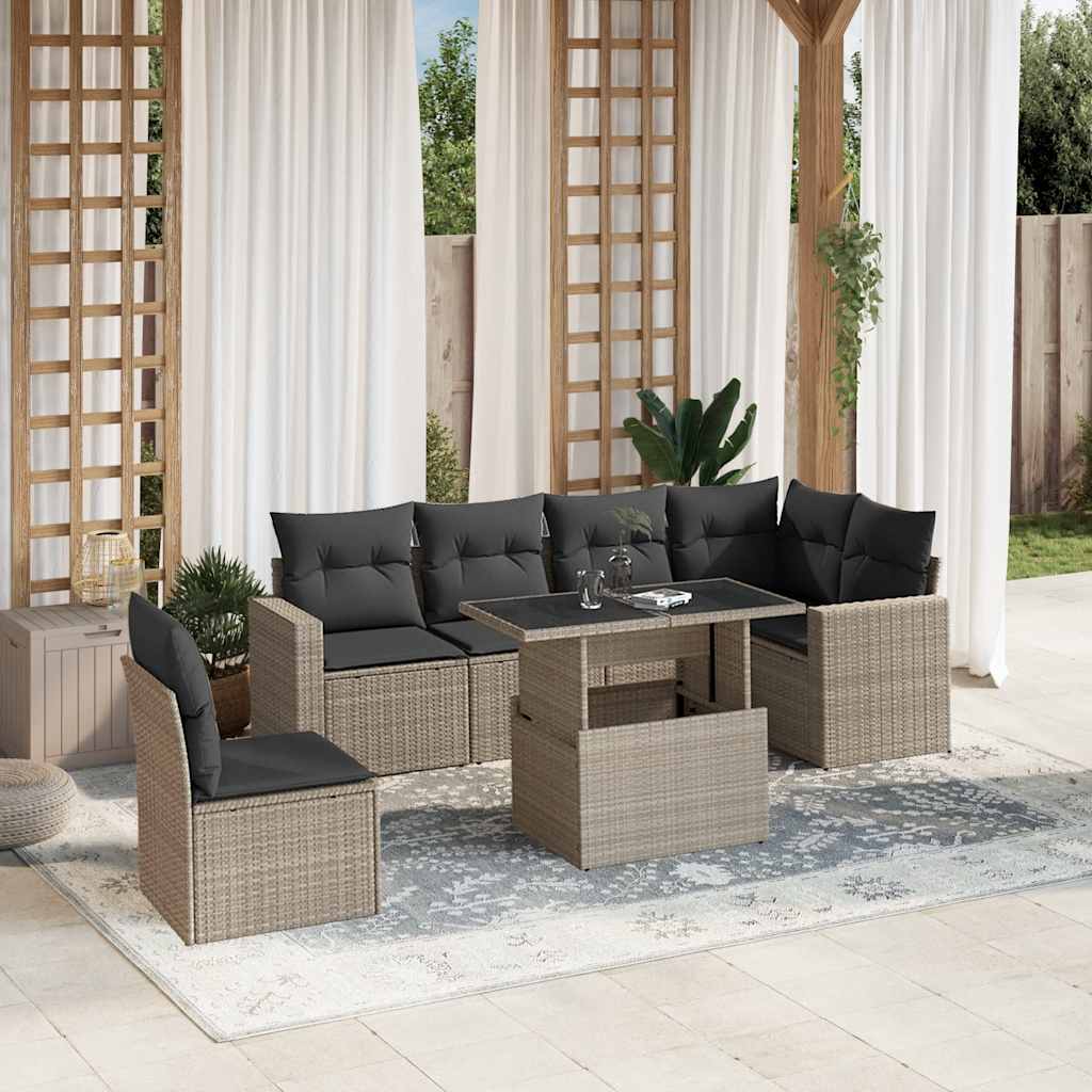 JUNG Vida 7-tlg. Garten-Sofagarnitur mit Kissen Hellgrau Poly Rattan