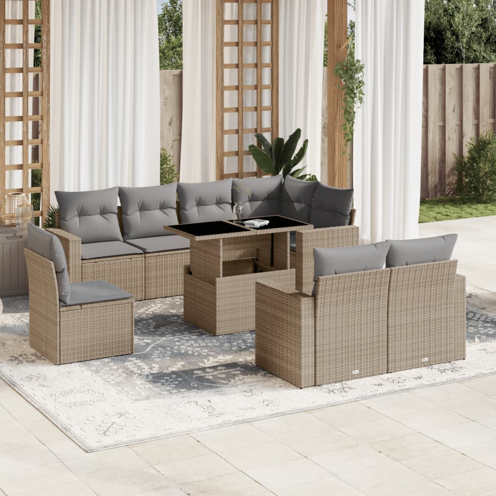 JUNG Vida 9-tlg. Garten-Sofagarnitur mit Kissen Beige Poly Rattan