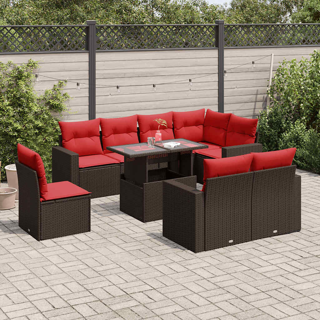 JUNG Vida 9-teiliges Gartensofa-Set mit Kissen, braun, Polyrattan