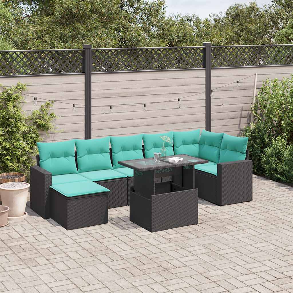JUNG Vida 8-teiliges Gartensofa-Set mit Kissen, schwarzes Polyrattan