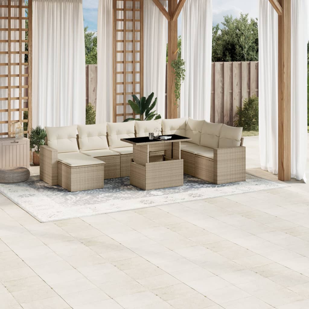 JUNG Vida 9-tlg. Garten-Sofagarnitur mit Kissen Beige Poly Rattan