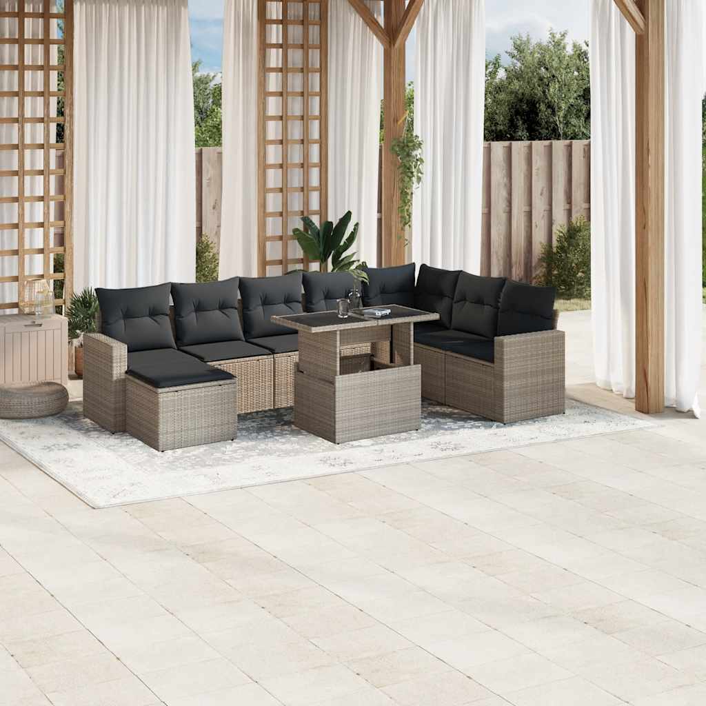 JUNG Vida 9-tlg. Garten-Sofagarnitur mit Kissen Hellgrau Poly Rattan