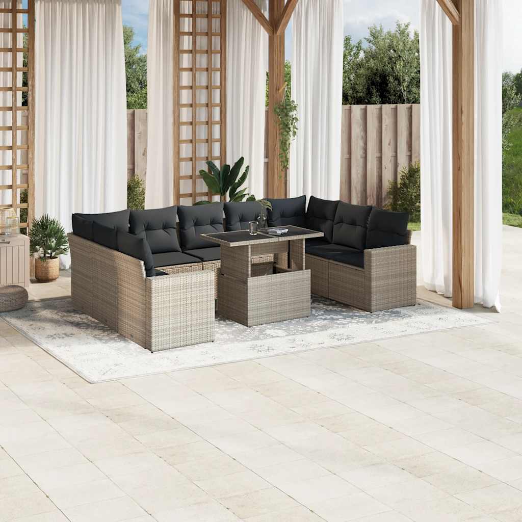 JUNG Vida 10-tlg. Garten-Sofagarnitur mit Kissen Hellgrau Poly Rattan