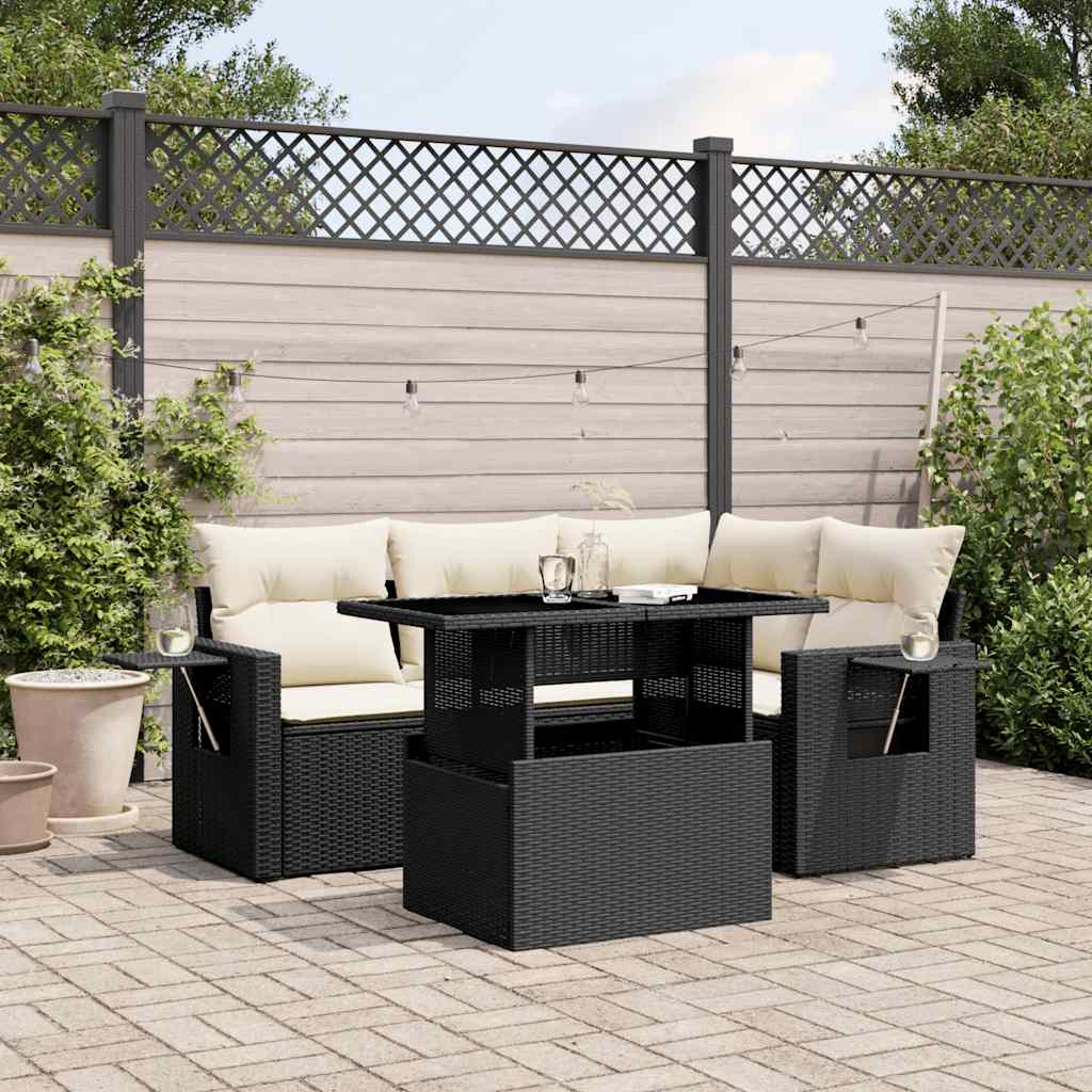 JUNG Vida 5-tlg. Garten-Sofagarnitur mit Kissen Schwarz Poly Rattan