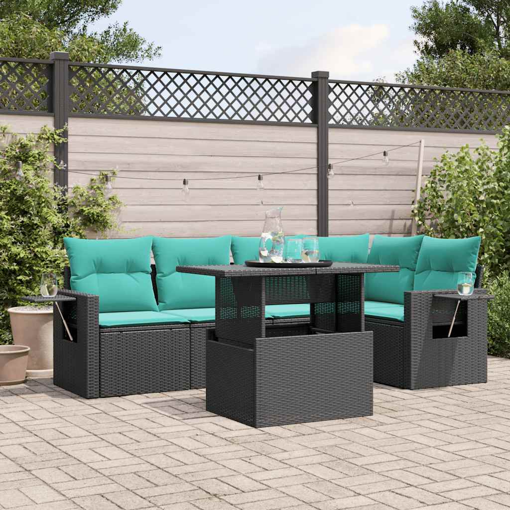 JUNG Vida 6-teiliges Gartensofa-Set mit Kissen, schwarzes Polyrattan