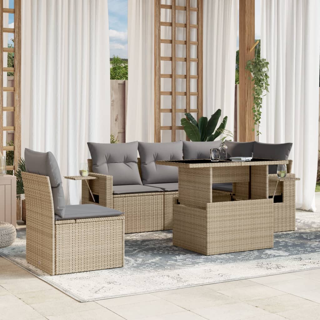 JUNG Vida 6-tlg. Garten-Sofagarnitur mit Kissen Beige Poly Rattan