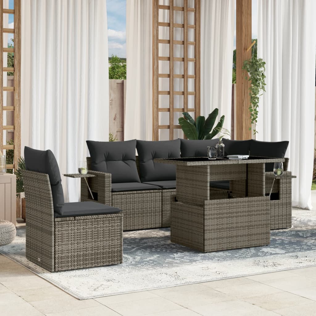 JUNG Vida 6-tlg. Garten-Sofagarnitur mit Kissen Grau Poly Rattan