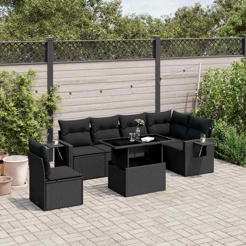 JUNG Vida 7-tlg. Garten-Sofagarnitur mit Kissen Schwarz Poly Rattan
