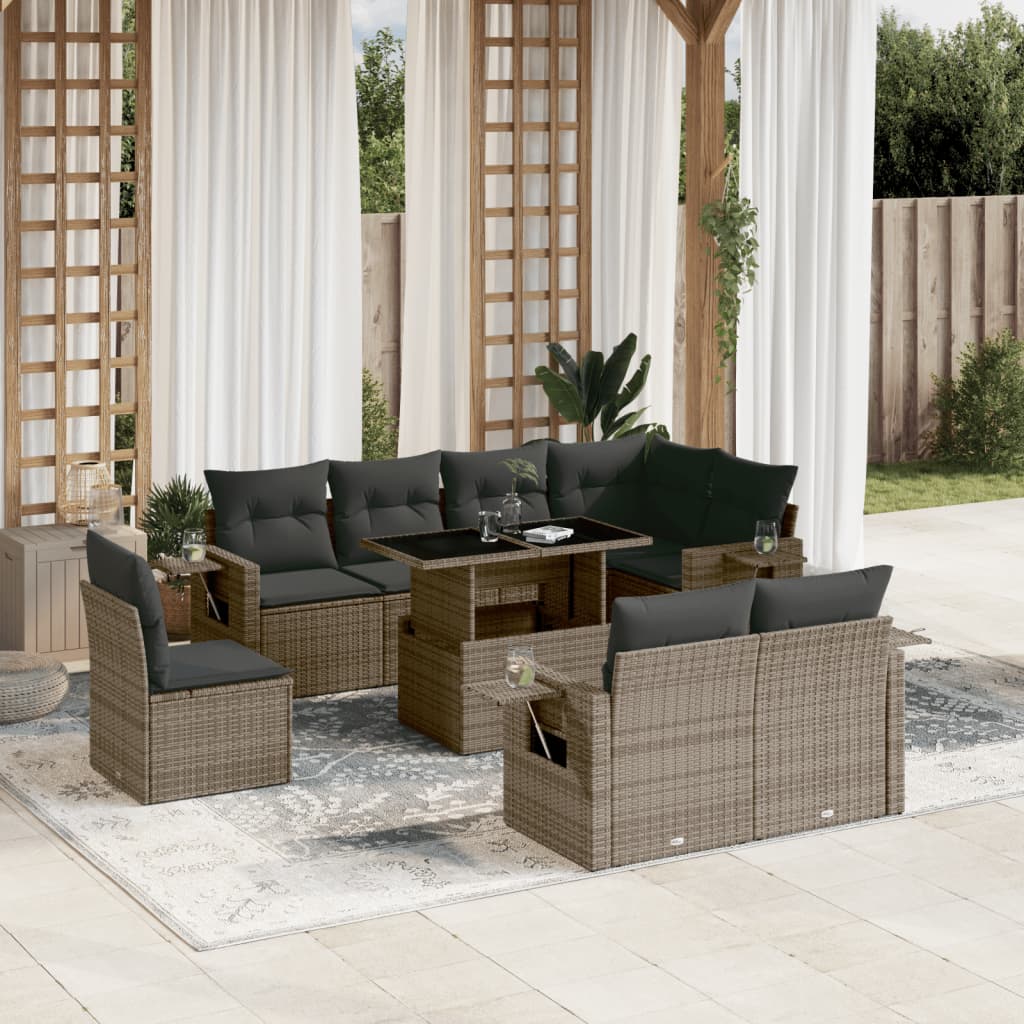 JUNG Vida 9-tlg. Garten-Sofagarnitur mit Kissen Grau Poly Rattan