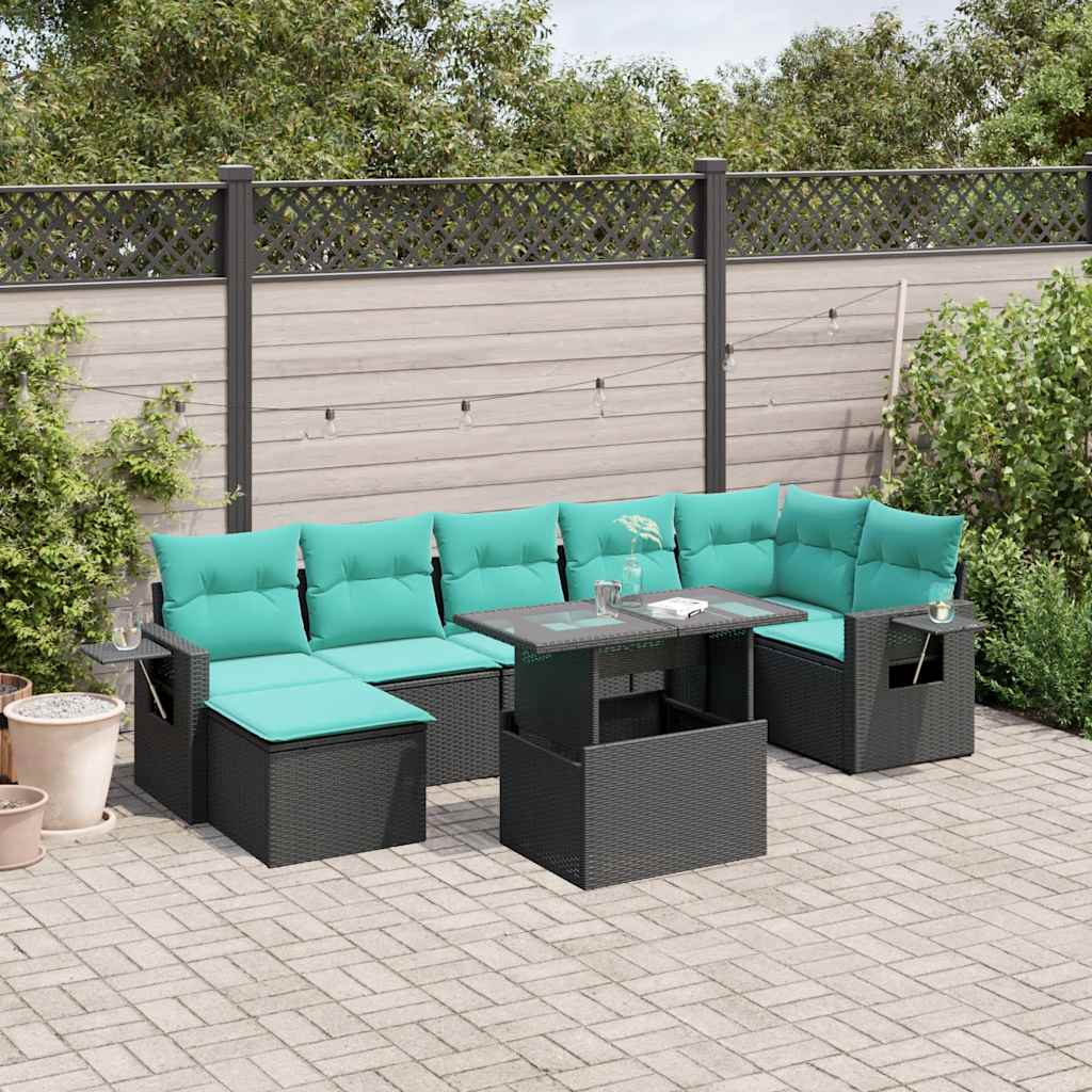 JUNG Vida 8-teiliges Gartensofa-Set mit Kissen, schwarzes Polyrattan