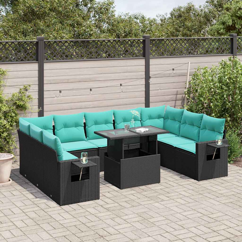 JUNG Vida 10-teiliges Gartensofa-Set mit Kissen, schwarzes Polyrattan