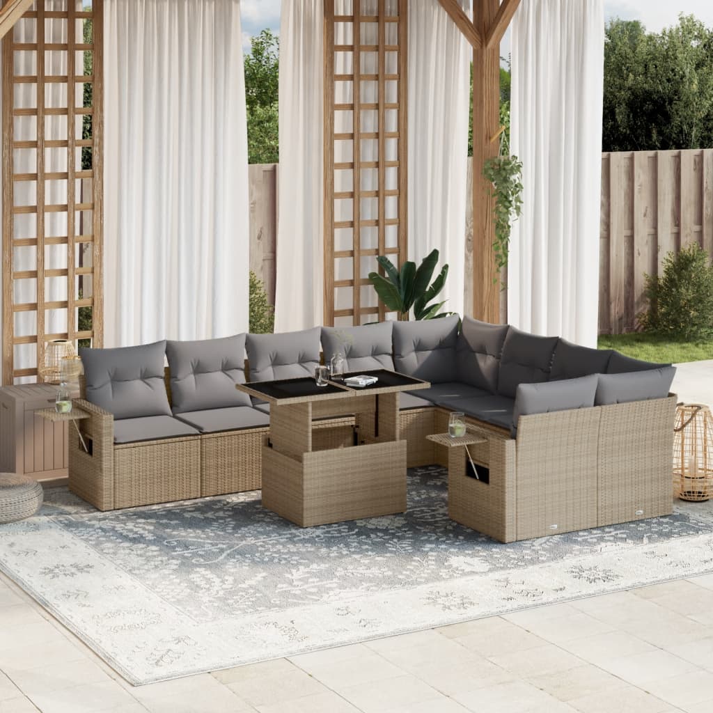 JUNG Vida 10-tlg. Garten-Sofagarnitur mit Kissen Beige Poly Rattan