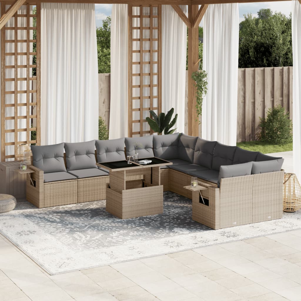 JUNG Vida 11-tlg. Garten-Sofagarnitur mit Kissen Beige Poly Rattan