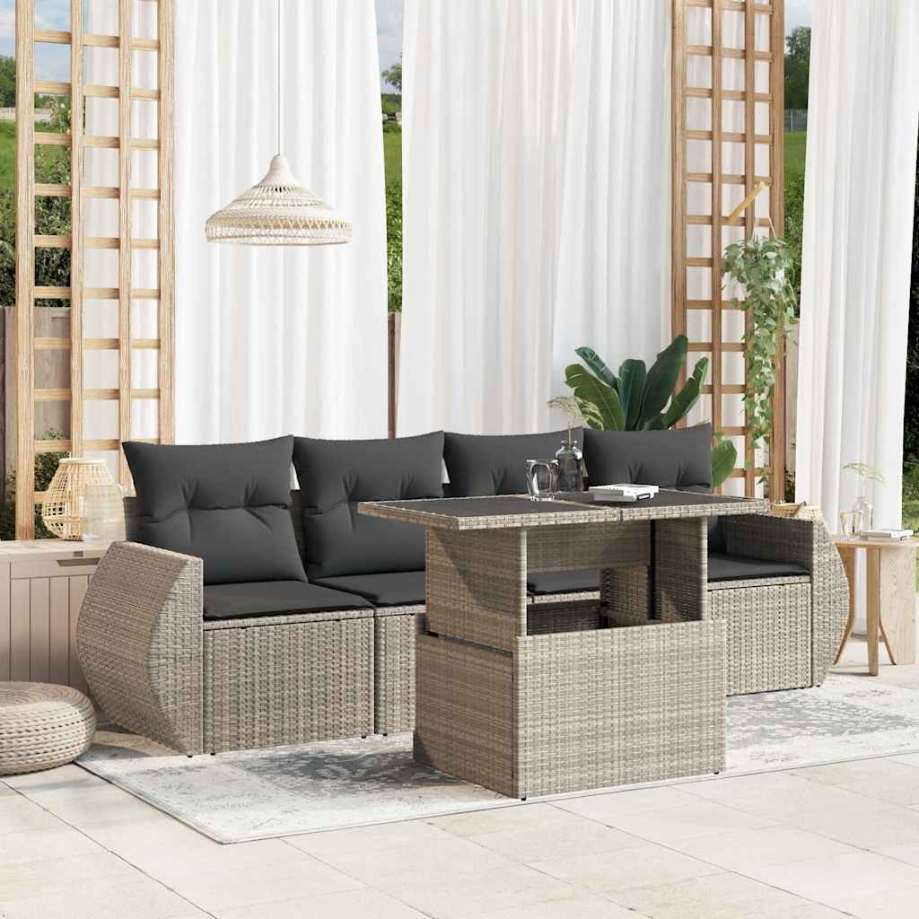 JUNG Vida 5-tlg. Garten-Sofagarnitur mit Kissen Hellgrau Poly Rattan