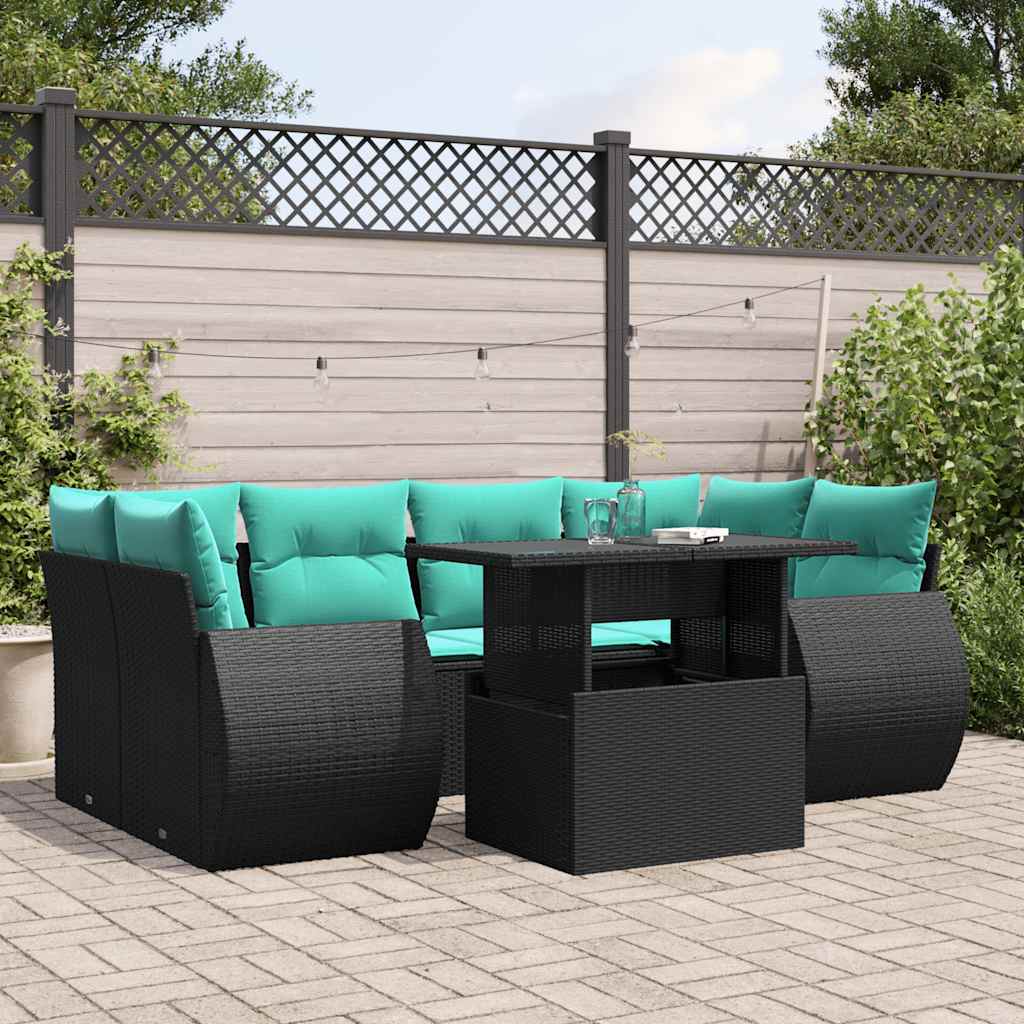 JUNG Vida 7-teiliges Gartensofa-Set mit Kissen, schwarzes Polyrattan