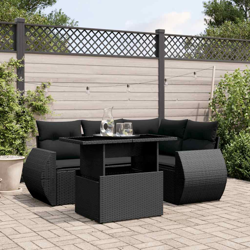 JUNG Vida 5-tlg. Garten-Sofagarnitur mit Kissen Schwarz Poly Rattan