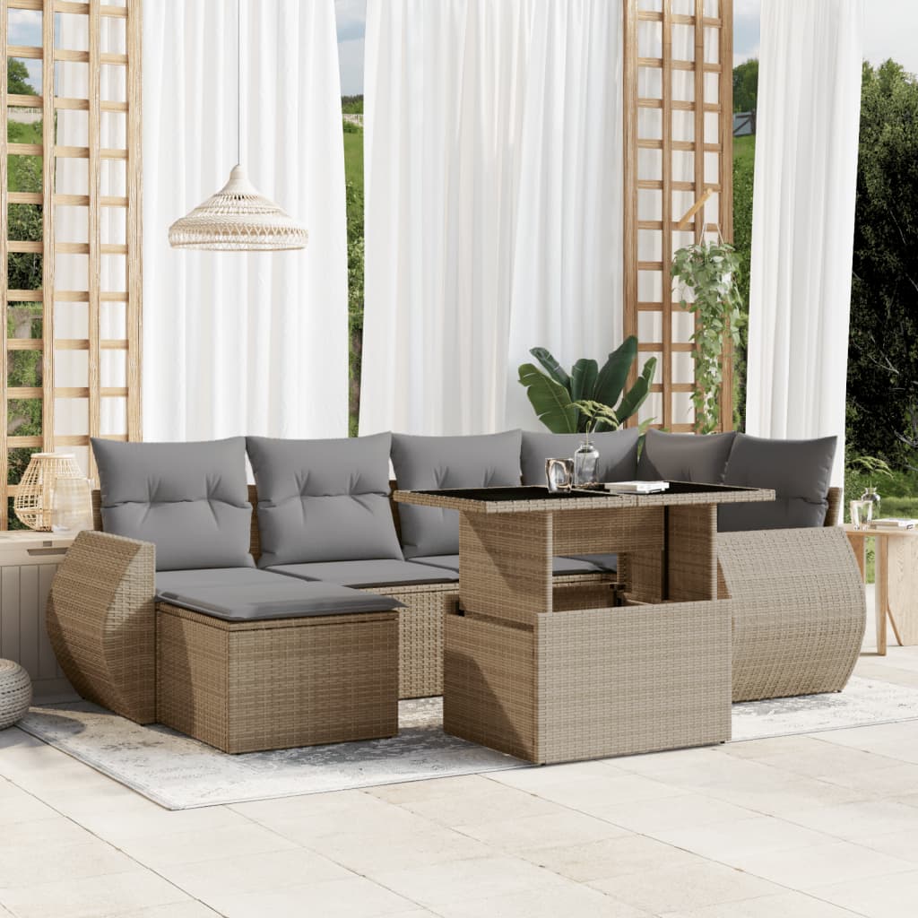 JUNG Vida 7-tlg. Garten-Sofagarnitur mit Kissen Beige Poly Rattan