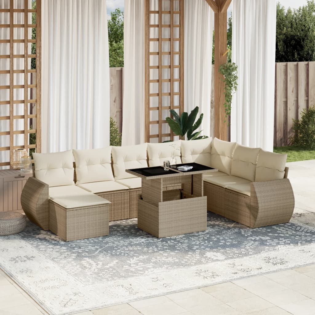 JUNG Vida 9-tlg. Garten-Sofagarnitur mit Kissen Beige Poly Rattan