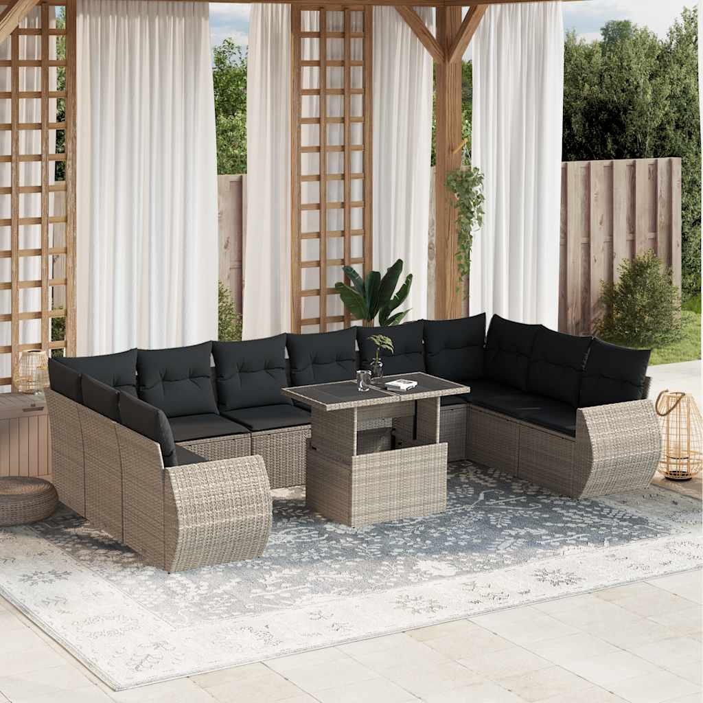 JUNG Vida 11-tlg. Garten-Sofagarnitur mit Kissen Hellgrau Poly Rattan
