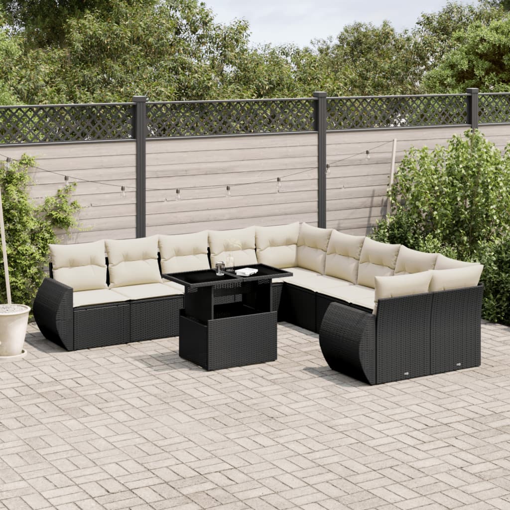 JUNG Vida 11-tlg. Garten-Sofagarnitur mit Kissen Schwarz Poly Rattan