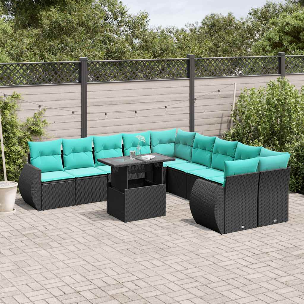 JUNG Vida 11-teiliges Gartensofa-Set mit Kissen, schwarzes Polyrattan