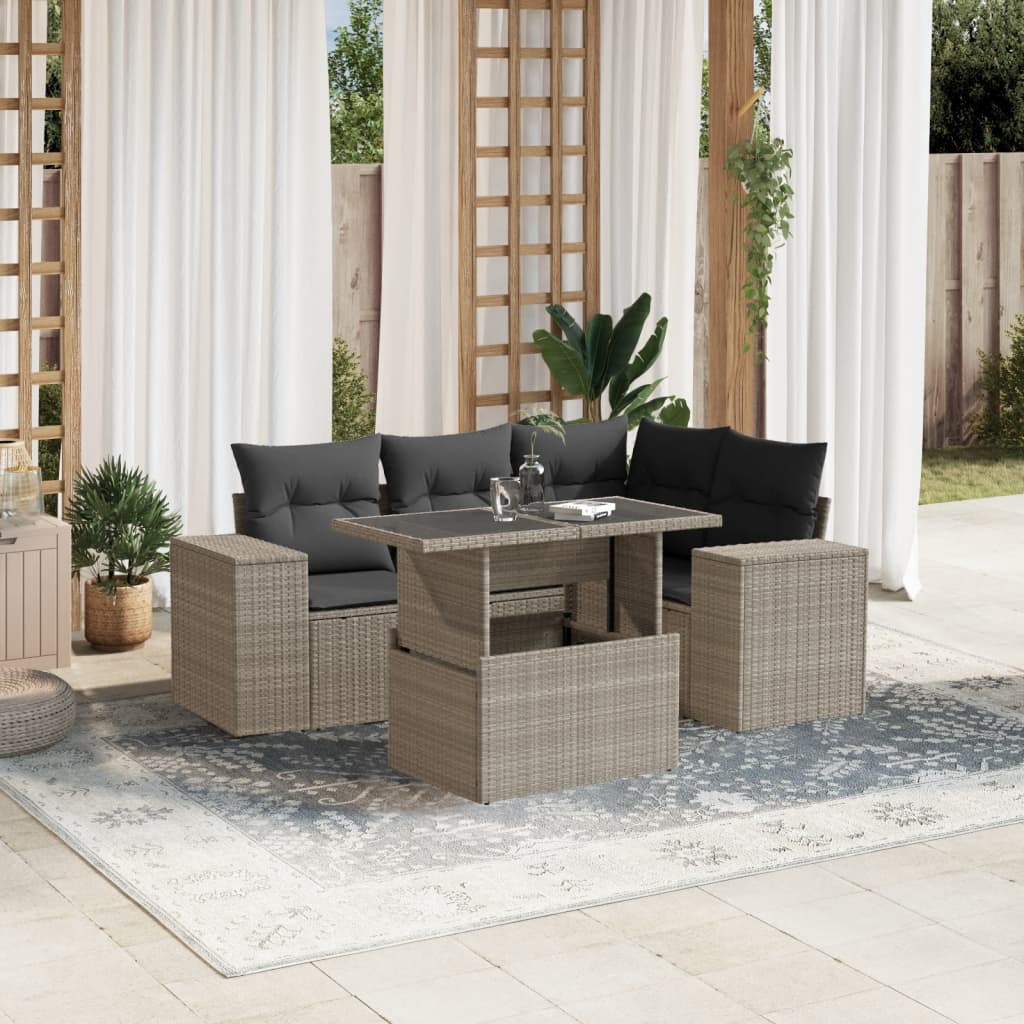 JUNG Vida 5-tlg. Garten-Sofagarnitur mit Kissen Hellgrau Poly Rattan
