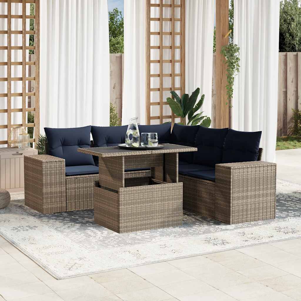 JUNG Vida 6-teiliges Gartensofa-Set mit Kissen, grau, Polyrattan