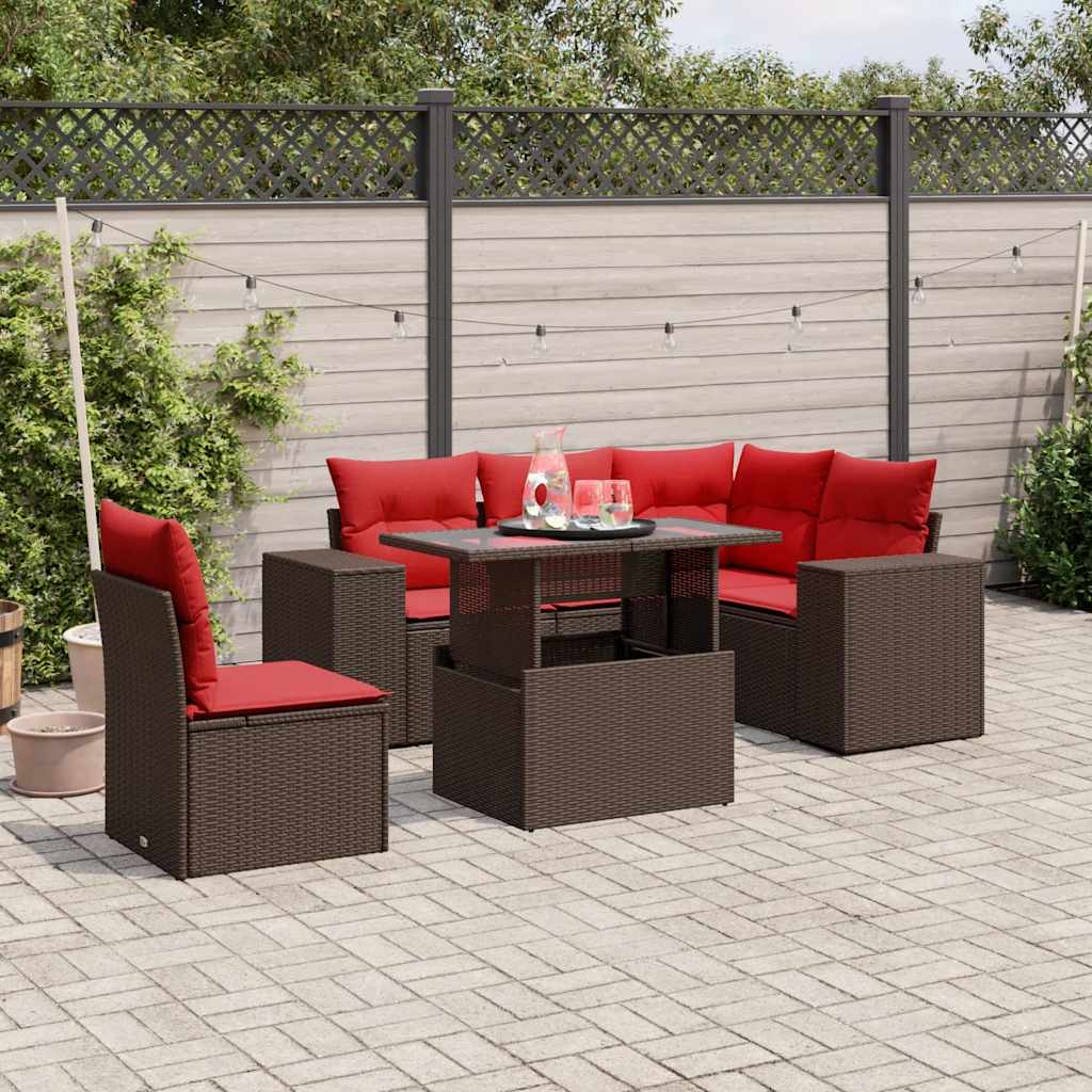 JUNG Vida 6-teiliges Gartensofa-Set mit Kissen, braun, Polyrattan