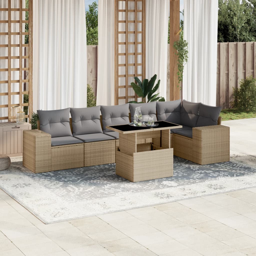 JUNG Vida 7-tlg. Garten-Sofagarnitur mit Kissen Beige Poly Rattan