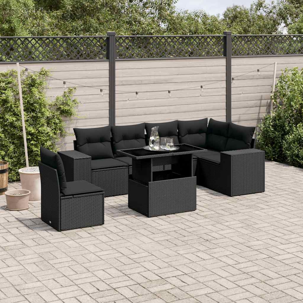 JUNG Vida 7-tlg. Garten-Sofagarnitur mit Kissen Schwarz Poly Rattan