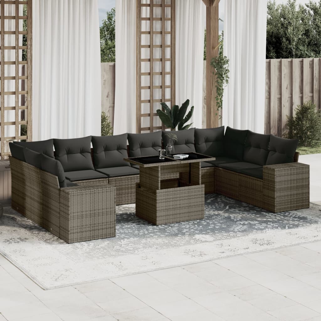 JUNG Vida 11-tlg. Garten-Sofagarnitur mit Kissen Grau Poly Rattan