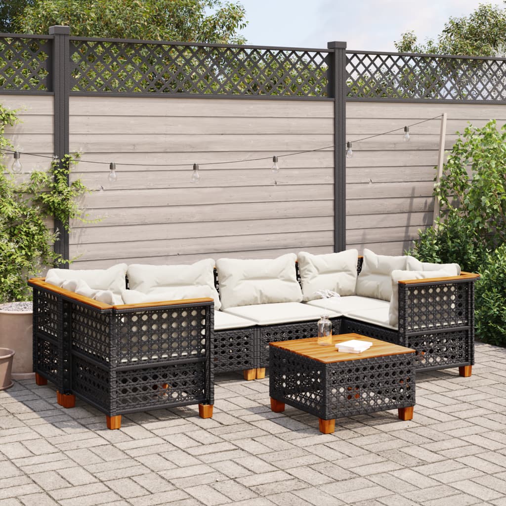 JUNG Vida 7-tlg. Garten-Sofagarnitur mit Kissen Schwarz Poly Rattan