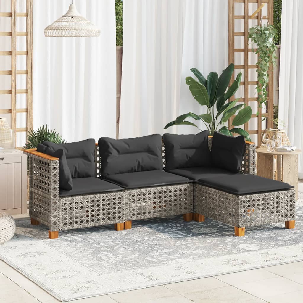 JUNG Vida 4-tlg. Garten-Sofagarnitur mit Kissen Grau Poly Rattan