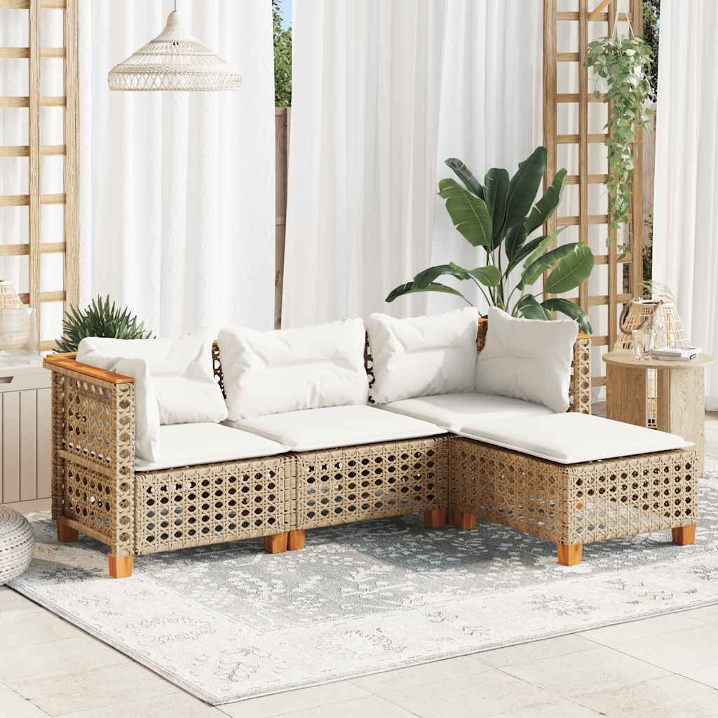JUNG Vida 4-tlg. Garten-Sofagarnitur mit Kissen Beige Poly Rattan
