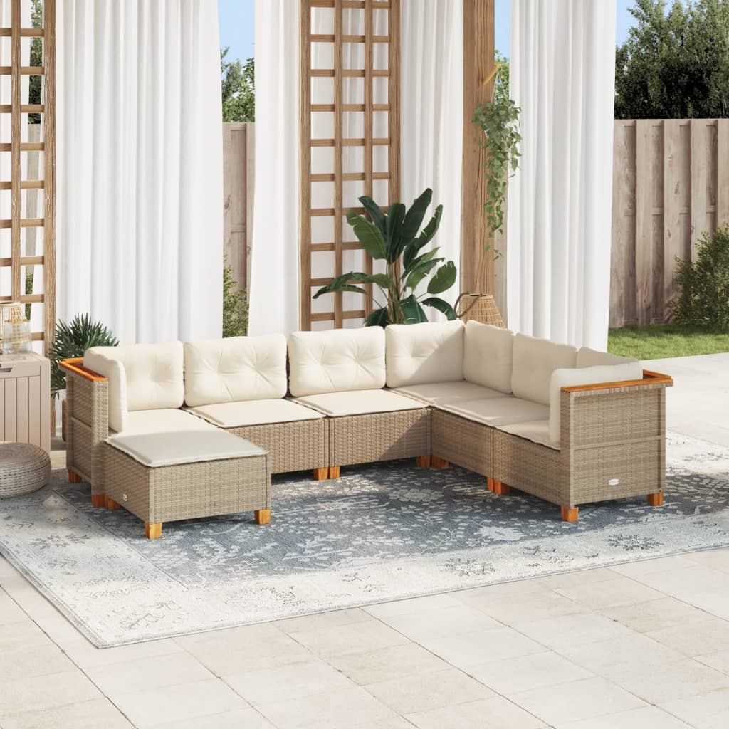 JUNG Vida 7-tlg. Garten-Sofagarnitur mit Kissen Beige Poly Rattan