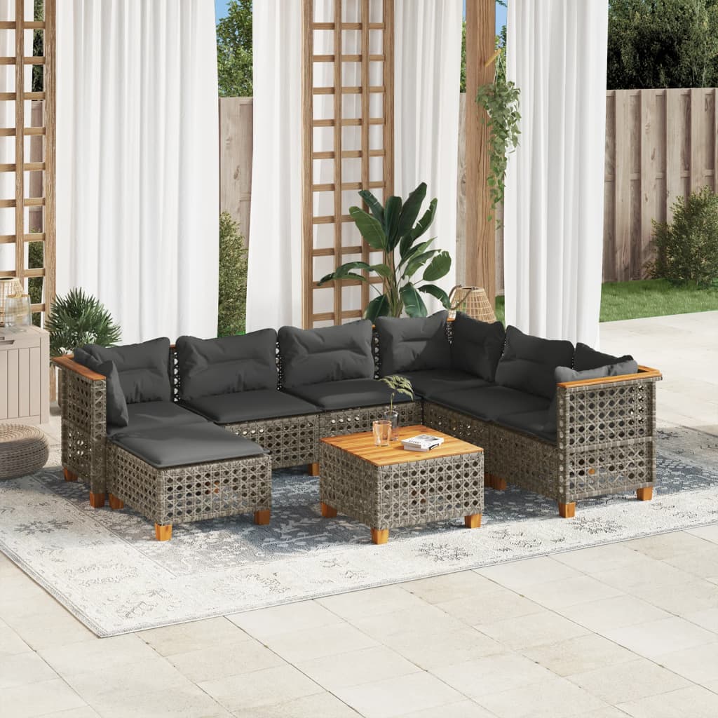 JUNG Vida 8-tlg. Garten-Sofagarnitur mit Kissen Grau Poly Rattan