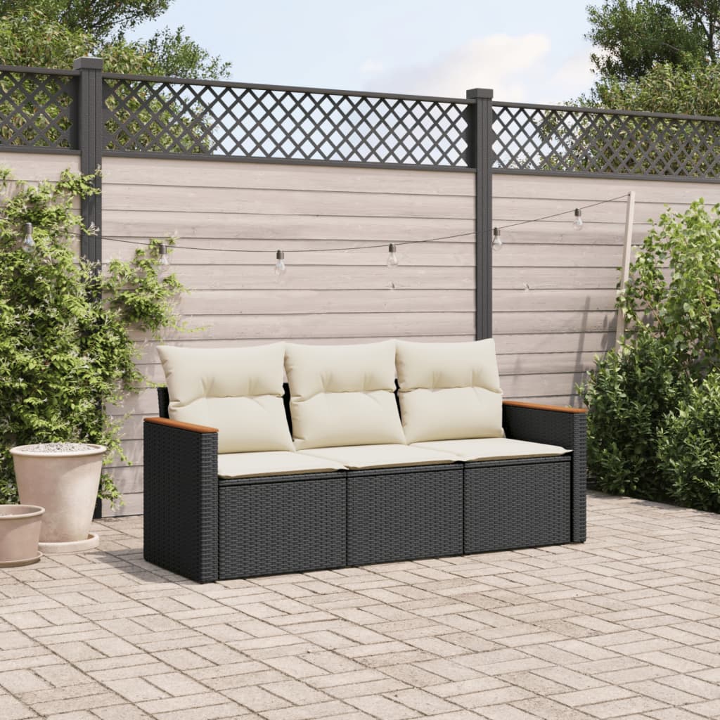 JUNG Vida 3-tlg. Garten-Sofagarnitur mit Kissen Schwarz Poly Rattan