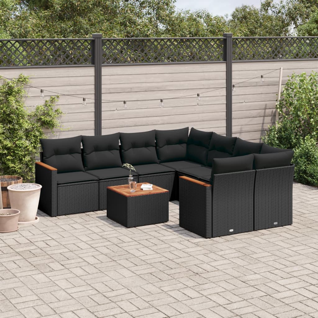 JUNG Vida 9-tlg. Garten-Sofagarnitur mit Kissen Schwarz Poly Rattan