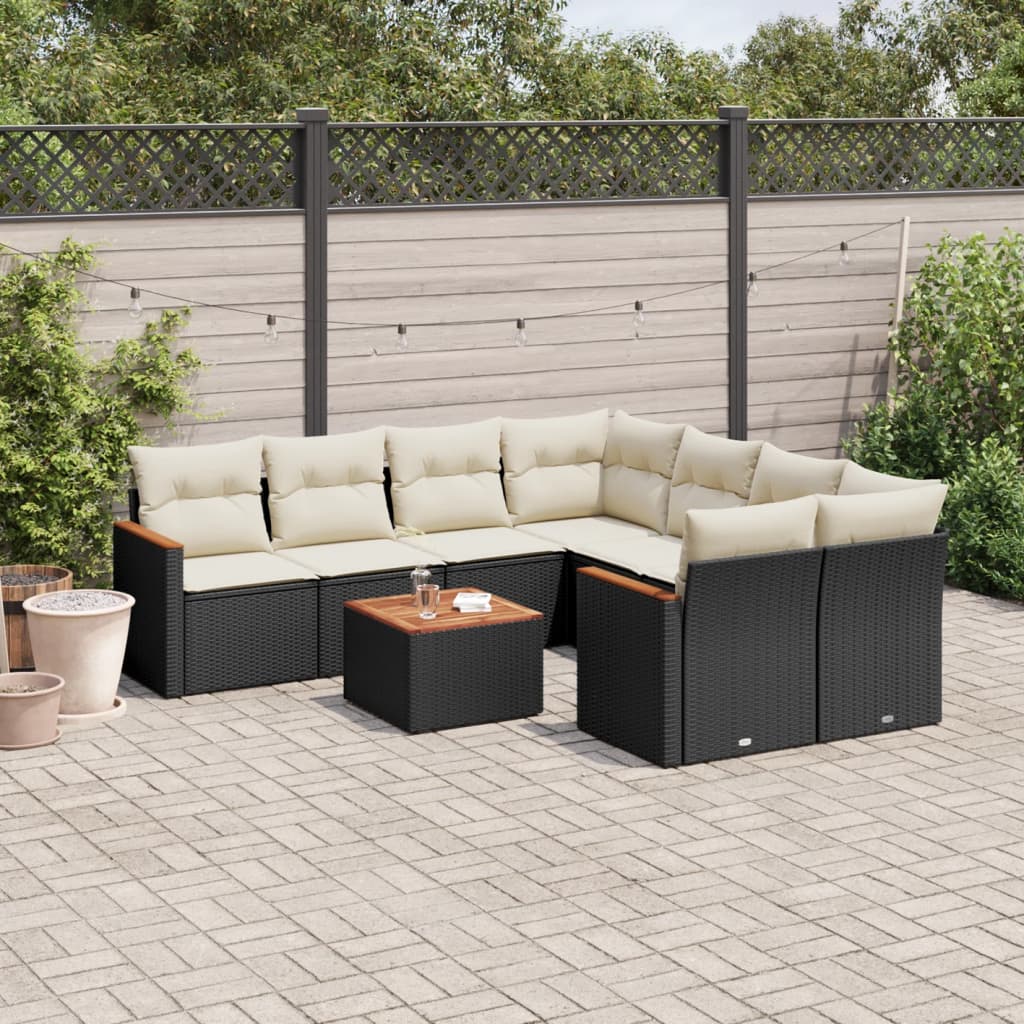 JUNG Vida 9-tlg. Garten-Sofagarnitur mit Kissen Schwarz Poly Rattan