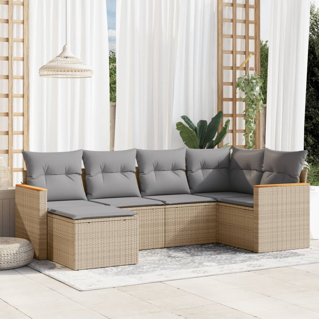 JUNG Vida 6-tlg. Garten-Sofagarnitur mit Kissen Beige Poly Rattan