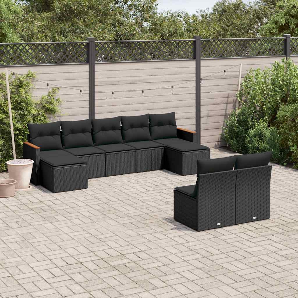 JUNG Vida 9-tlg. Garten-Sofagarnitur mit Kissen Schwarz Poly Rattan