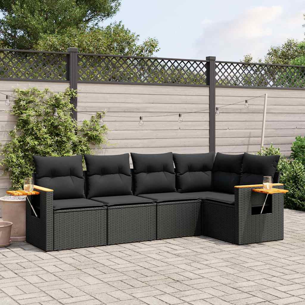 JUNG Vida 5-tlg. Garten-Sofagarnitur mit Kissen Schwarz Poly Rattan