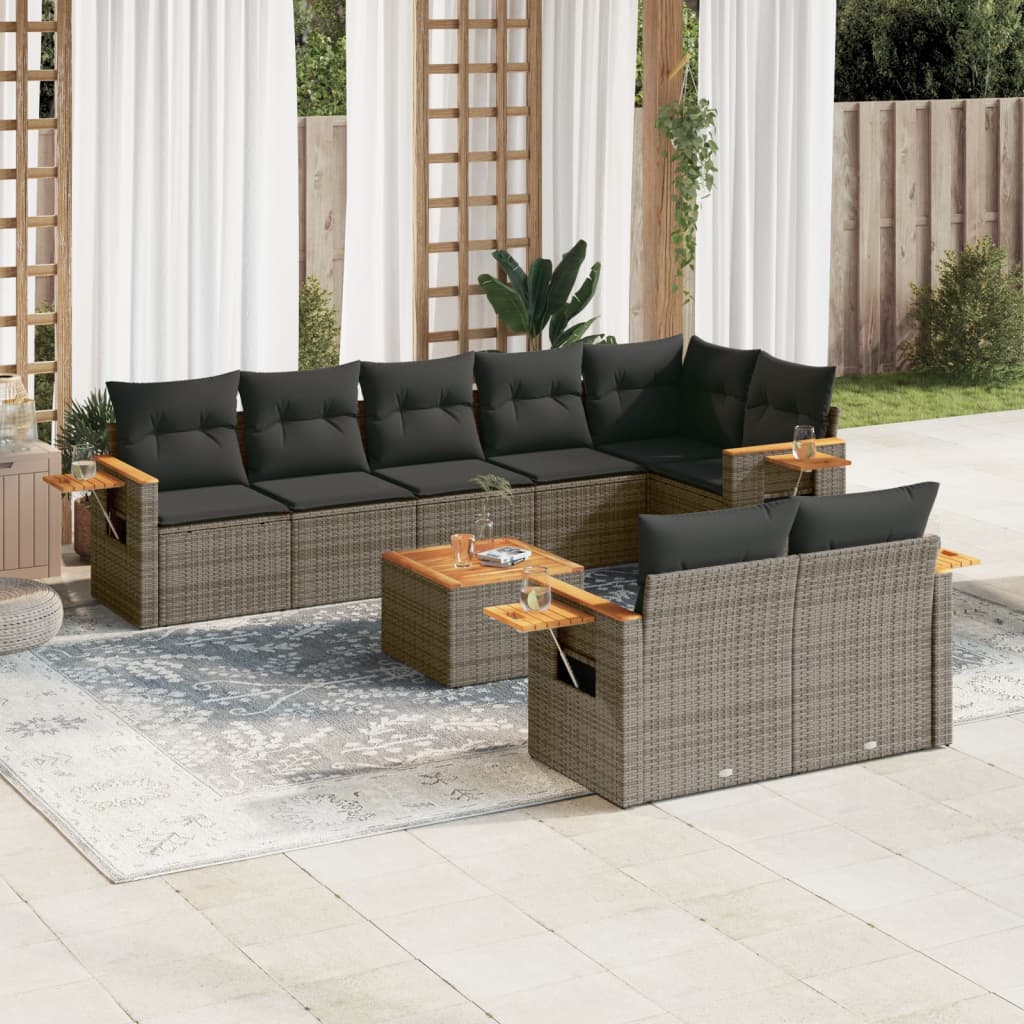 JUNG Vida 9-tlg. Garten-Sofagarnitur mit Kissen Grau Poly Rattan