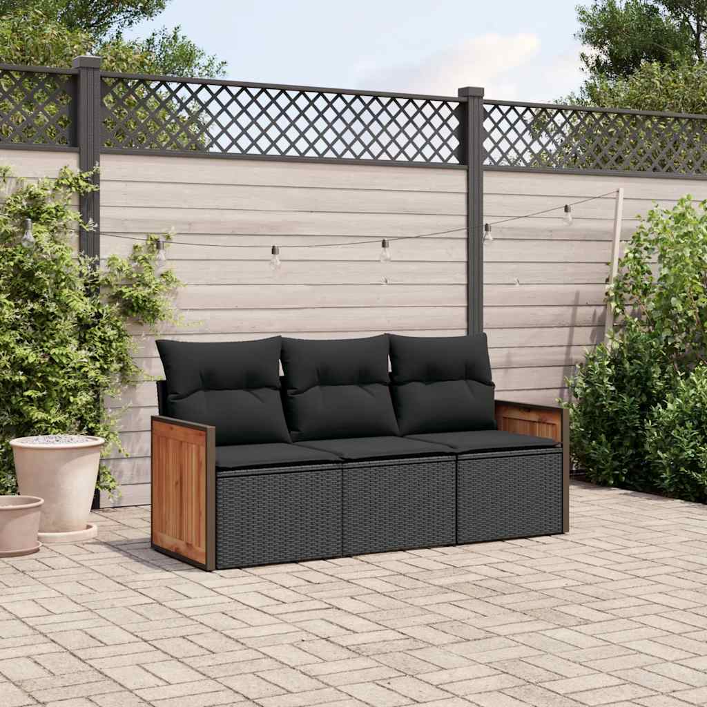 JUNG Vida 3-tlg. Garten-Sofagarnitur mit Kissen Schwarz Poly Rattan
