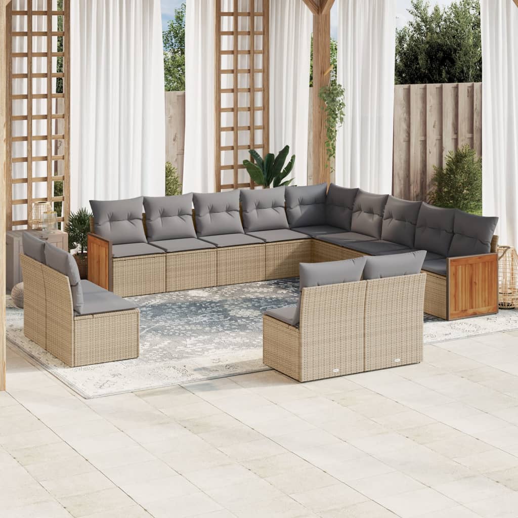 JUNG Vida 13-tlg. Garten-Sofagarnitur mit Kissen Beige Poly Rattan
